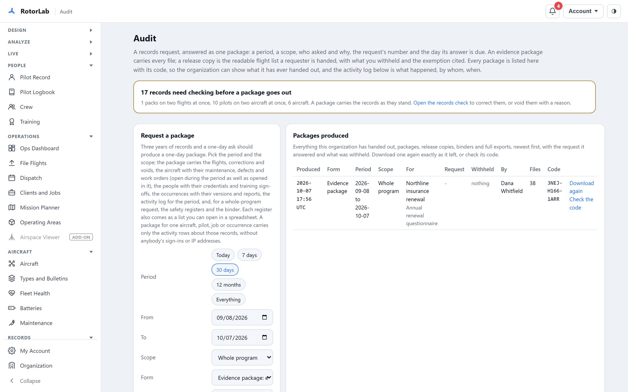 The RotorLab Audit screen