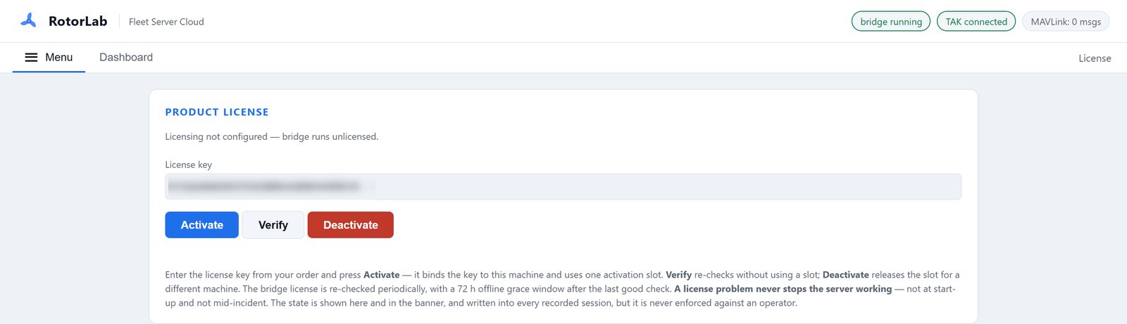 The product license screen: a license key field with Activate, Verify, and Deactivate, and a note that a license problem never stops the server working.